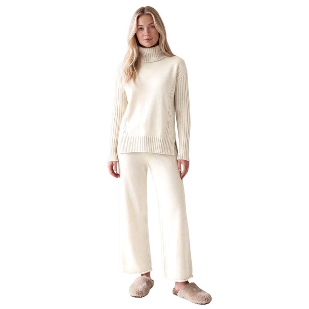 Womens 2 Piece Cable Knit Turtleneck and Wide Leg Pants Outfit Apricot